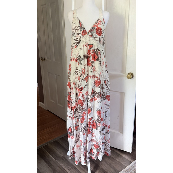 Hummingbird Dresses & Skirts - Womens Floral White/Orange Babydoll Maxi Dress S Crochet Cottagecore Hippie Boho